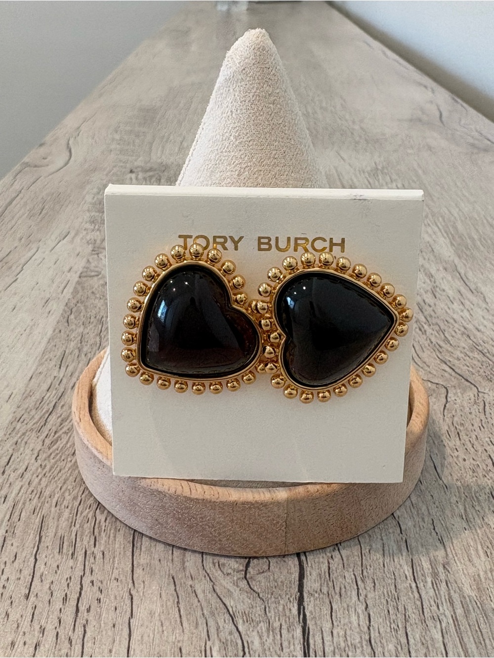 Tory Burch Gold and Deep Red Heart Stud Earrings